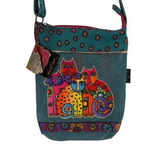 Laurel Burch Cross Body Bag NEW Cat Art To Wear Green Purse 9.5 x 12 in Cat Lady